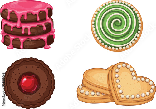 Assorted sweet cookies set with pink icing chocolate biscuits green swirl and heart shaped shortbread vector illustration isolated design