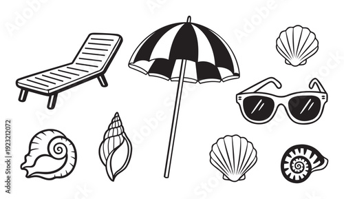 Essential summer beach vacation items including a comfortable lounge chair, beach umbrella, stylish sunglasses, and assorted seashells ideal for holiday resort advertisements and travel