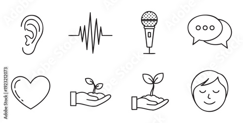 A versatile collection of linear icons representing communication, sound, nature, and wellbeing, perfect for applications, infographics, web interfaces, and educational materials.
