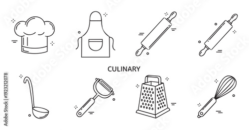 Essential culinary tools and kitchen utensils presented as simple line icons for food preparation projects and cooking related presentations.