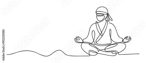 One continuous line drawing of a blindfolded person meditating in a traditional robe, perfect for health and wellness promotions or martial arts themed graphics.