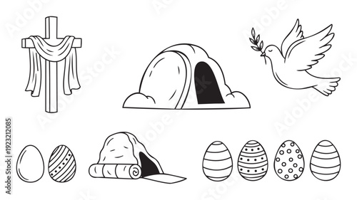 A collection of Christian Easter symbols including a cross draped with cloth, an empty tomb with a rolled stone, a dove carrying an olive branch, various decorative eggs, and burial cloths,