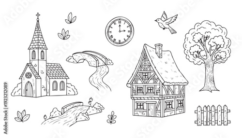 Hand drawn outline elements for rural and village scenes, featuring a church, traditional house, bridges, clock, tree, flying bird, and picket fence, suitable for various creative graphic