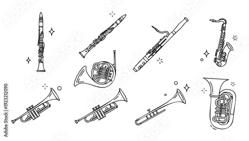 A collection of woodwind and brass musical instruments in an outline drawing style suitable for music school promotions, band concert posters, and educational material