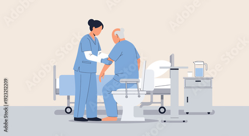 Nurse assisting elderly patient with hygiene in hospital room