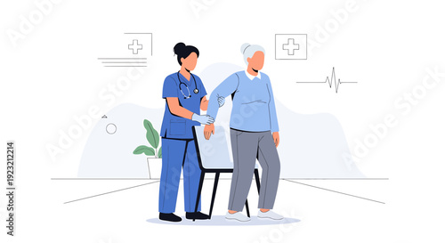 Nurse Assisting Elderly Patient with Mobility in Hospital Clinic