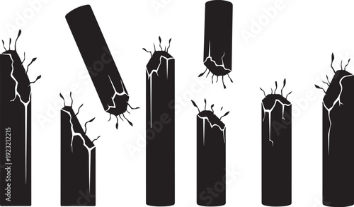 Cracked and broken black pillars in various states falling