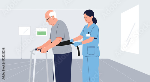 Nurse Assisting Elderly Patient with Walker in Hospital Corridor