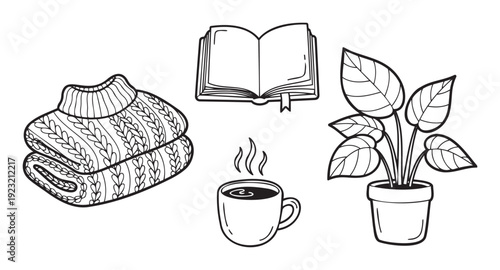 Outline drawings of warm knitted sweaters, an open book, a steaming hot beverage, and a green houseplant, perfect for lifestyle blogs and home decor themes