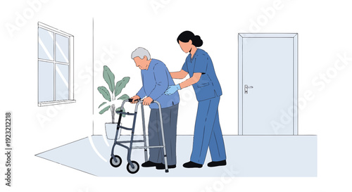 Nurse assisting elderly patient with walker in hospital corridor