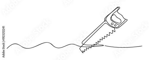 Simple continuous line drawing of a hand saw cutting through a wavy surface representing craftsmanship and progress, ideal for construction business promotions or DIY project visuals.