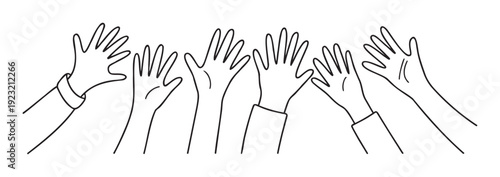 Many outlined hands raised in the air signifying unity, aspiration, and success, perfect for marketing campaigns, presentations, or social media graphics.