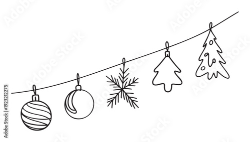 Simple black and white line drawing of various Christmas decorations like round ornaments, a snowflake, and Christmas trees hanging on a string, perfect for holiday greetings and winter