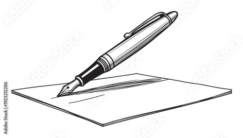 Classic fountain pen captured in a dynamic action of writing on a stack of paper, suitable for educational content, stationery product promotion, or publishing industry marketing materials.