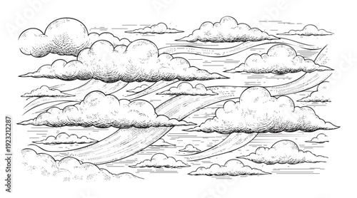 A dynamic composition of voluminous clouds and swirling atmospheric lines rendered in a classic woodcut style, perfect for weather graphics or vintage themed designs.