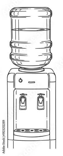 A black and white hand drawn line illustration of a modern office water cooler dispenser with a large plastic bottle on top, perfect for health, hydration, and workplace environment related