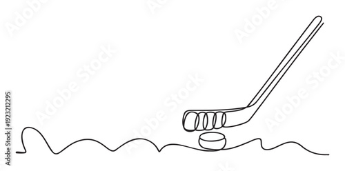 Minimalist continuous line drawing depicting a dynamic ice hockey stick striking a puck, ideal for sports event promotion, athletic game advertising, or active lifestyle branding