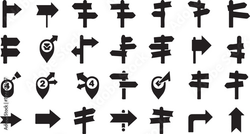 Collection of various directional signs and arrows on white