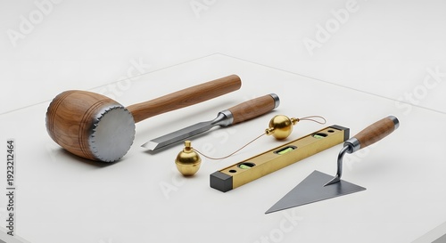 Freemasonry: Mason Tools Set with Mallet and Level on White