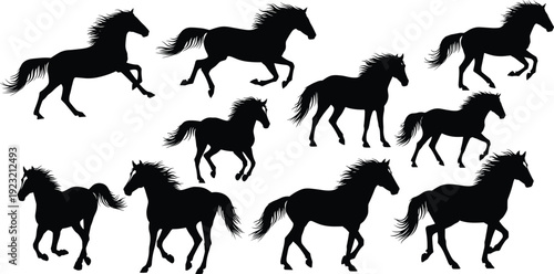 Nine horse silhouettes in dynamic running and trotting poses, minimalist vector illustration for equine design, motion study, animal anatomy graphic art