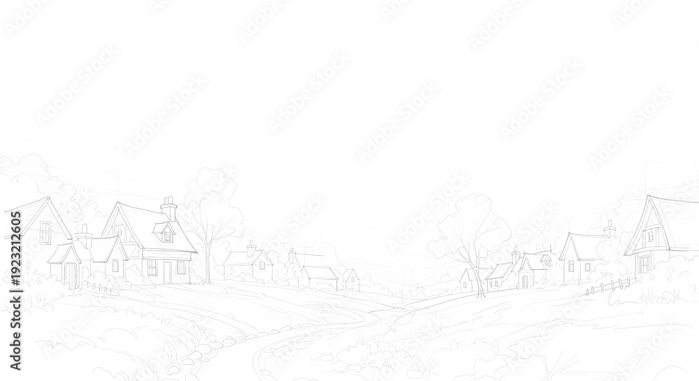 Obraz premium Sketch of a picturesque rural village scene with charming houses and rolling hills in soft outline
