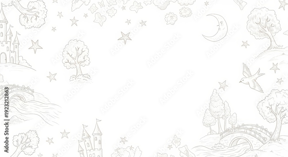 Obraz premium Whimsical Hand-Drawn Fairy Tale Landscape with Castles Bridges and Night Sky Elements