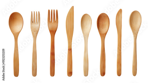 Sustainable bamboo cutlery set with minimal design background isolated on a Transparent background, PNG file.