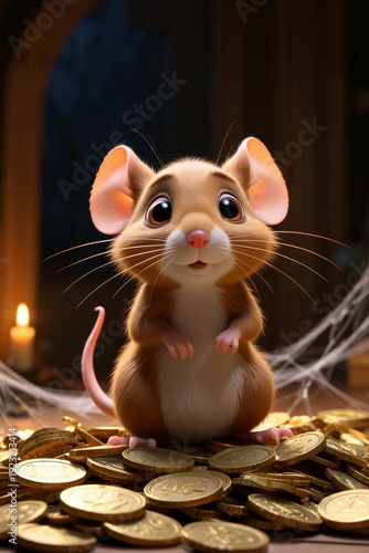 A small, adorable cartoon mouse looks curiously at the viewer while perched on a mound of shiny gold coins in a softly lit attic filled with cobwebs. french Tooth fairy illustration. Generative AI.