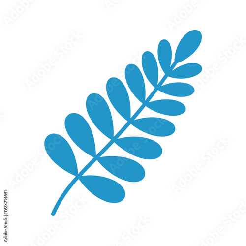 A simple blue illustration of a fern frond against a white background.