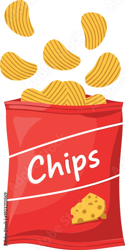 Flat vector illustration of a red snack bag with cheese flavored potato chips for food branding