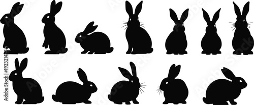 Stylized silhouettes of twelve rabbits in various poses, black graphic animal design, artistic wildlife illustration, nature theme, pattern recognition art