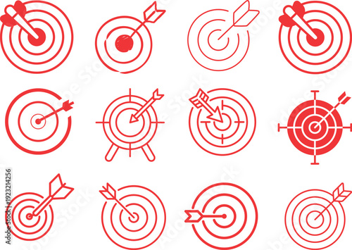 outline icon set goal with target design, arrow and check mark, Ten vector target crosshair and bullseye icons collection depicting accurate aiming precision and business goals icon outline symbol.