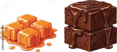 Chocolate brownies with melting fudge icing and salted caramel cubes with dripping sauce vector illustration set for dessert menu