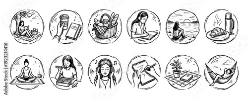 Set of twelve hand-drawn sketch icons showing self-care and relaxation activities like reading, picnic, and meditation in a black and white doodle style, isolated on a white background