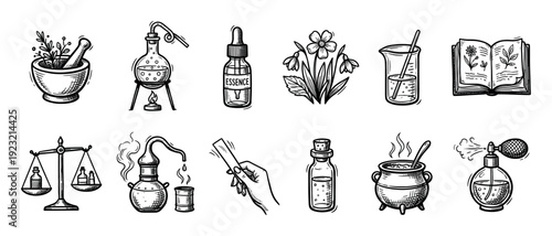 Set of hand-drawn alchemy and perfumery icons showing a mortar, pestle, alembic, cauldron, scales, and potion bottles in a vintage sketch style isolated on white