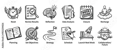 Hand drawn business and productivity icon set showing project management steps like planning, strategy, goals, and weekly review, isolated on a white background