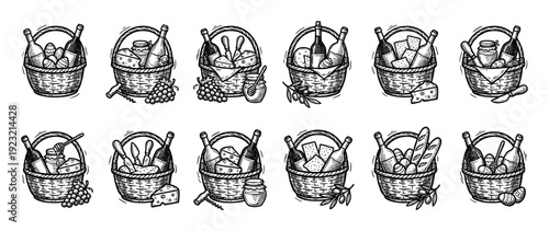 Set of hand-drawn picnic baskets filled with wine, cheese, bread, and fruit in a vintage engraving style, a collection of gourmet food icons isolated on a white background