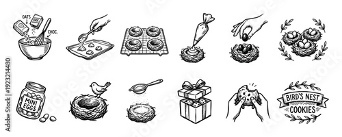 Hand drawn black and white recipe illustrations showing the steps for making bird's nest cookies, a detailed cooking guide in a vintage sketch style isolated on a white background