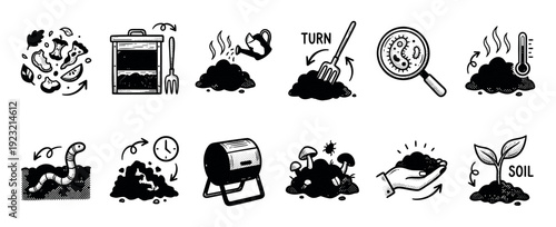 Composting process icons set showing organic waste recycling steps from food scraps to rich soil in a hand-drawn doodle style isolated on a white background
