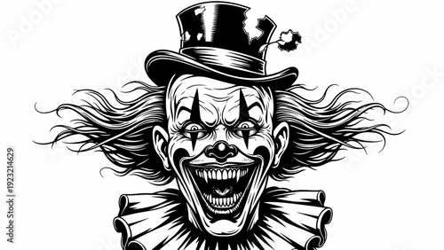 Scary Clown Face with Top Hat and Ruffled Collar, Black and White Illustration