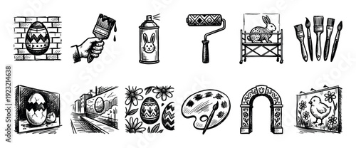 Hand-drawn Easter and street art icon set in a black and white sketch style featuring a bunny, eggs, chick, and various painting tools isolated on a white background