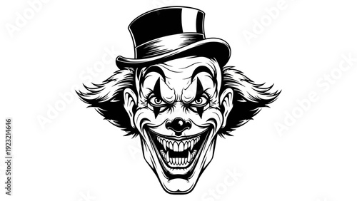 Scary Clown Face with Top Hat, Evil Grin, and Wild Hair - Black and White Illustration