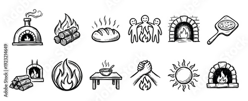 Collection of black and white sketch icons showing fire, warmth, baking, and community concepts like a brick oven, bread, pizza, and fireplace, isolated on a white background