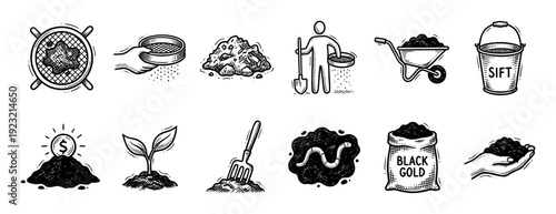 Hand-drawn compost and gardening icon set showing sifting, soil, plants, and tools in a black and white sketch style, isolated on a white background