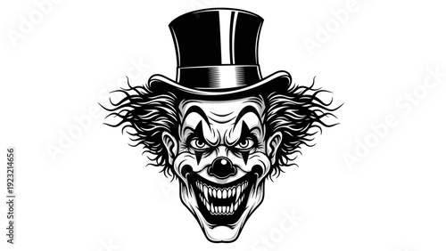 Scary Clown Face with Top Hat, Evil Grin and Wild Hair - Black and White Illustration