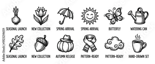 Hand-drawn black and white seasonal icons set for spring and autumn, featuring a sun, pumpkin, scarf, butterfly, and other nature elements in a vintage sketch style on a white background