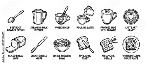 Hand-drawn food preparation illustrations showing steps for making floral toast and latte art, a black and white sketch icon set for a recipe guide isolated on a white background