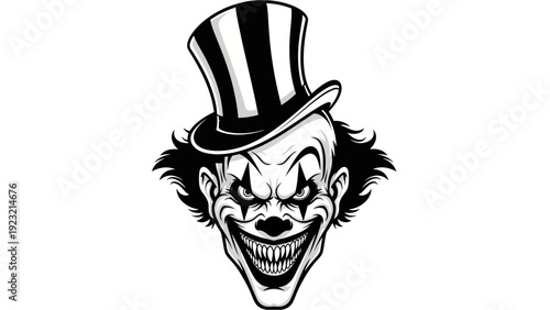 Scary Clown Face with Top Hat, Evil Grin, Black and White Horror Illustration