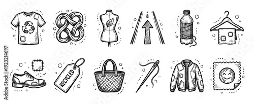 Hand-drawn sustainable fashion and recycling icons set in a doodle sketch style, illustrating concepts of upcycling, mending, and conscious consumerism, isolated on white background
