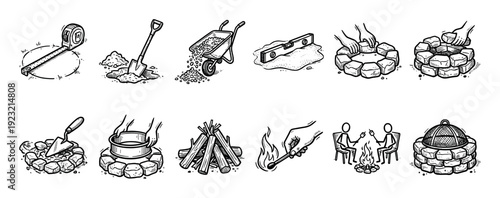 Hand-drawn black and white icon set illustrating the step-by-step process of building a DIY stone fire pit, from tools and materials to enjoying the final campfire, isolated on white